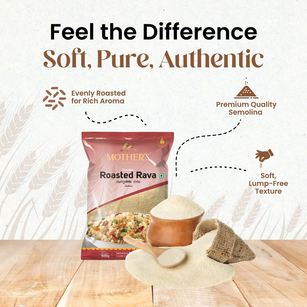 Mother’s Roasted Rava is made from premium semolina and evenly roasted to give soft, lump-free texture and authentic homemade taste.