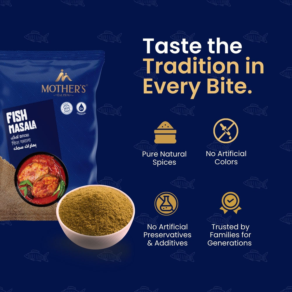 Mother’s Fish Masala preserves traditional fish curry flavour through pure natural spices without artificial colours or preservatives.