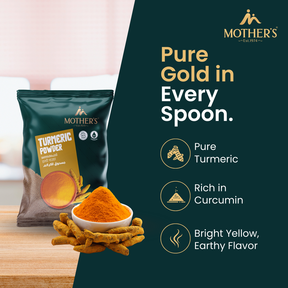 Mother’s Turmeric Powder made from pure turmeric and rich in curcumin for bright color and authentic flavor.
