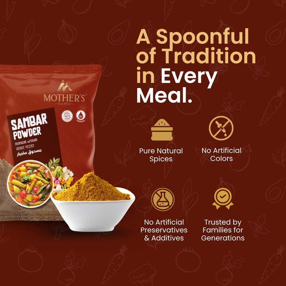 Traditional sambar flavour often fades with modern shortcuts; Mother’s Sambar Powder includes time-tested spices that ensure familiar taste in every serving.
