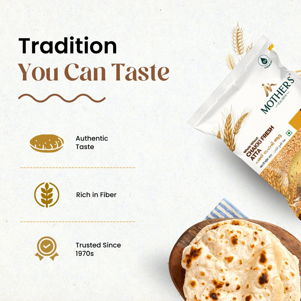 Mother’s Chakki Fresh Atta highlighting authentic taste, rich fiber content and trusted legacy since the 1970s.