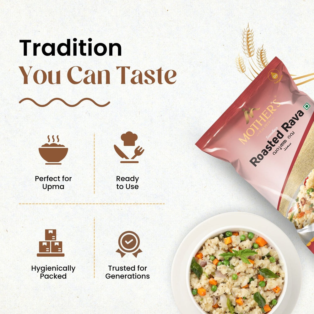 Mother’s Roasted Rava is ready to use, hygienically packed, and trusted for generations for traditional South Indian dishes.