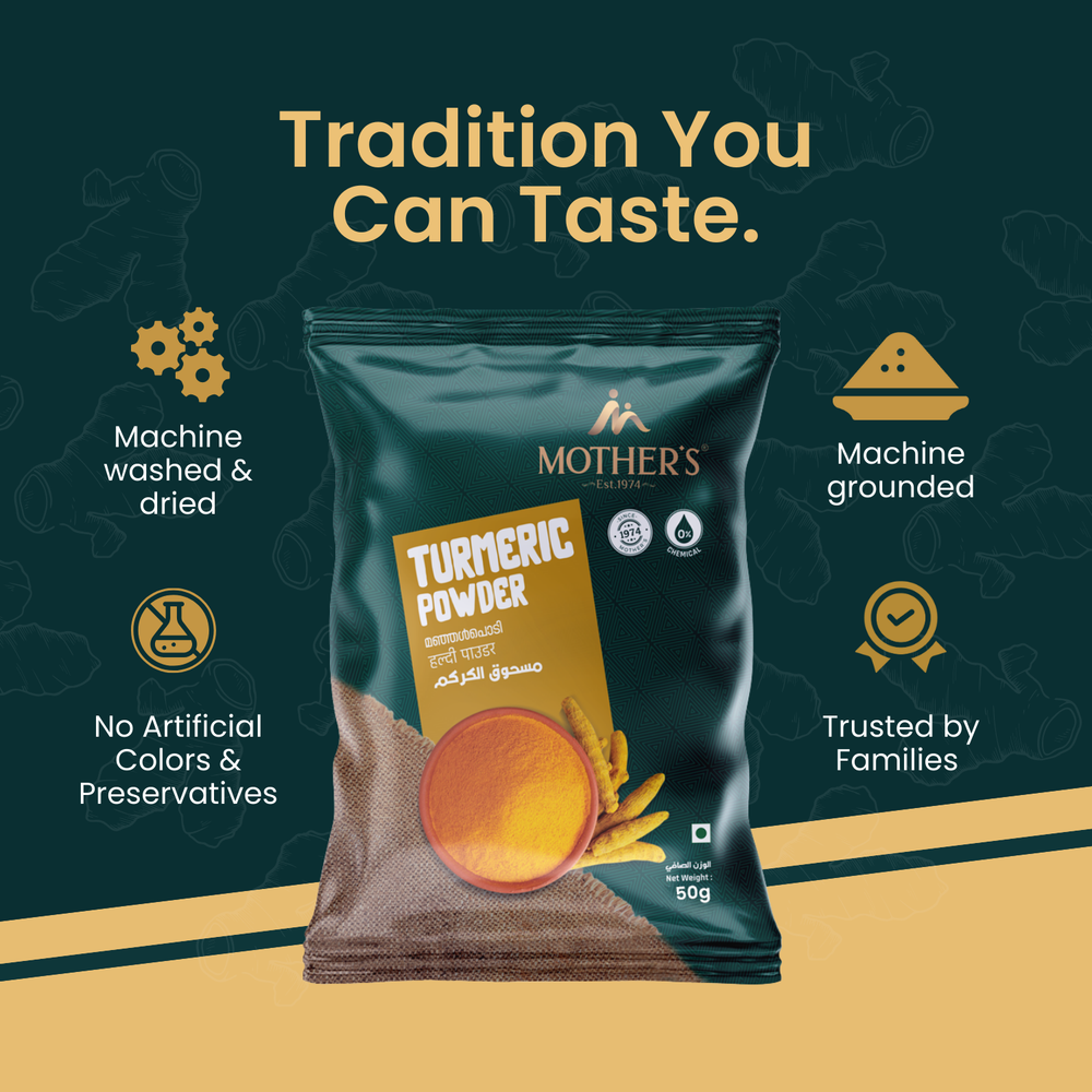 Mother’s Turmeric Powder machine washed, hygienically dried, and finely ground to maintain purity and consistent quality.