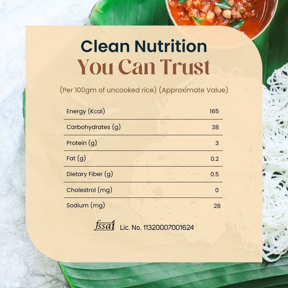 Nutritional information panel of Mother’s Appam, Idiyappam & Pathiri Podi per 100g serving.