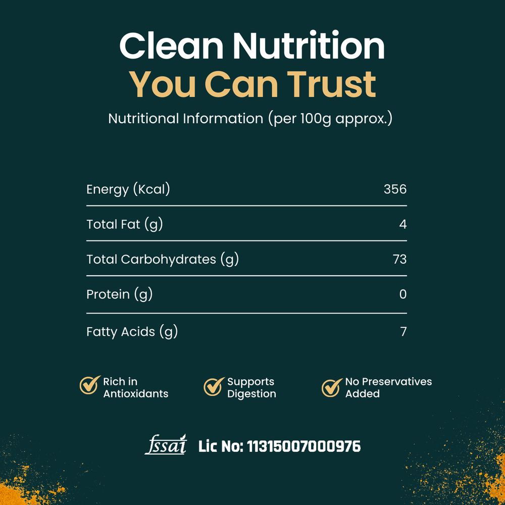 Mother’s Turmeric Powder nutritional values per 100g showing energy, carbohydrates, protein, fat, and related details.