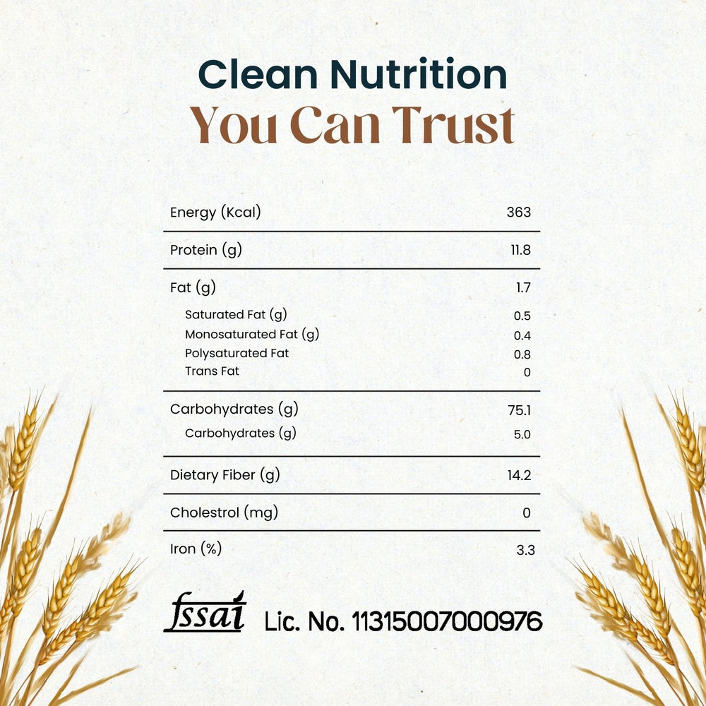 Mother’s Chakki Fresh Atta nutritional information panel showing energy, protein, fiber and key values per serving.