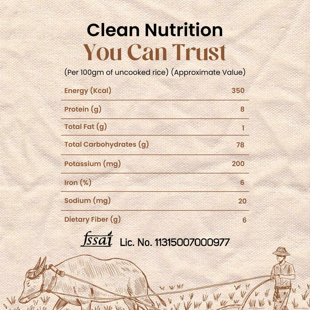 Nutrition information for Mother’s Jeerakashala Kaima Rice per 100 grams of uncooked rice, showing energy, carbohydrates, protein, fibre, and mineral values