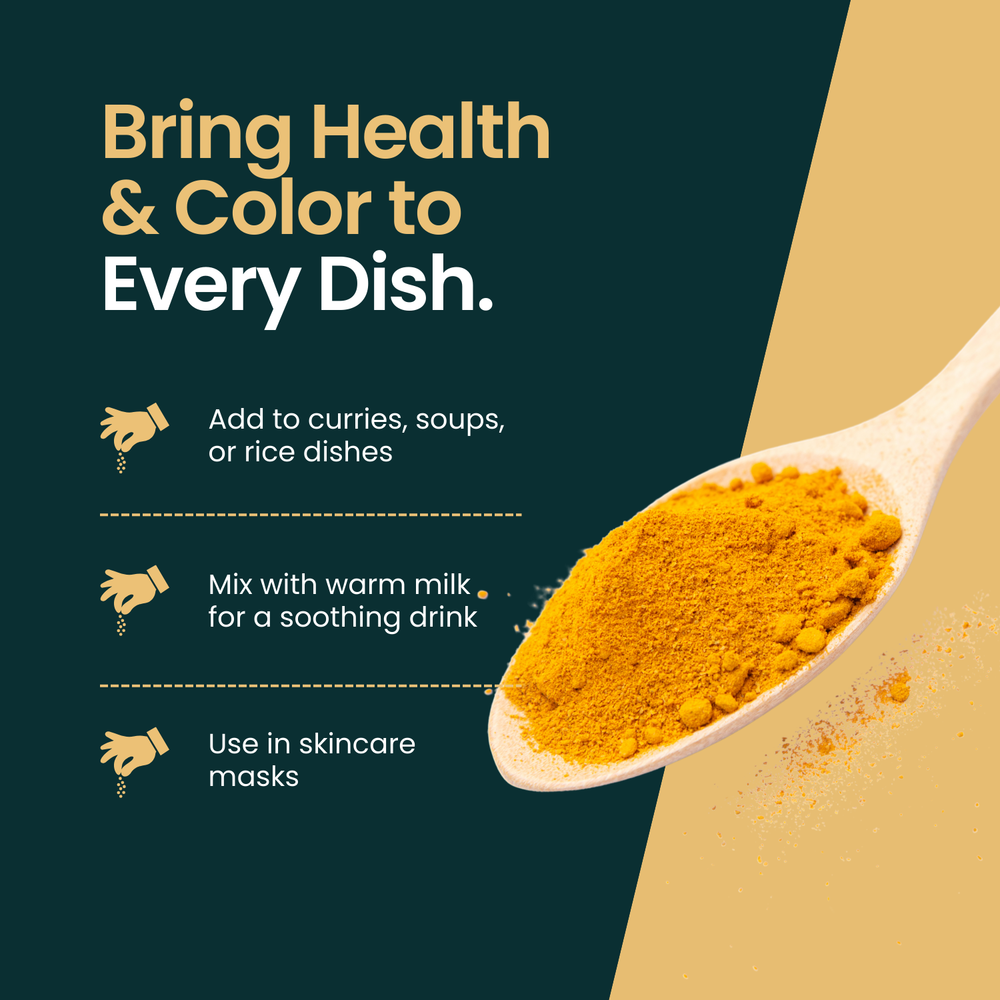 Spoon filled with vibrant yellow Mother's turmeric powder alongside usage suggestions for curries, milk, and skincare applications.