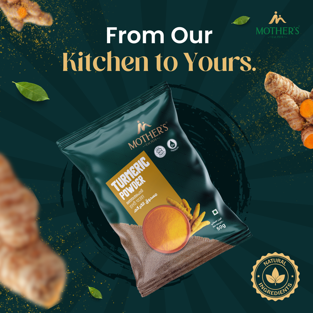Mother’s Turmeric Powder made from pure turmeric and naturally rich in curcumin for authentic taste and color.