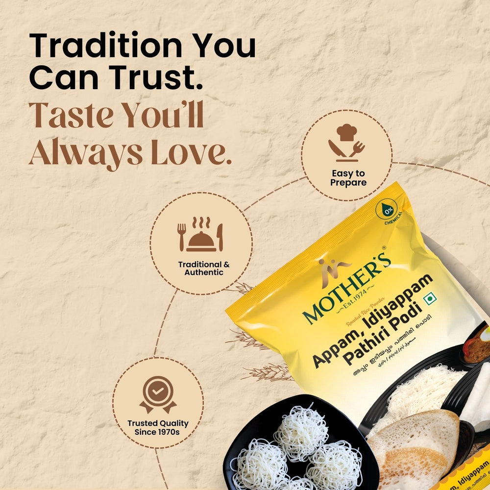 Mother’s Appam, Idiyappam & Pathiri Podi reinforces trusted quality since the 1970s with authentic taste and easy preparation for traditional Kerala breakfasts.