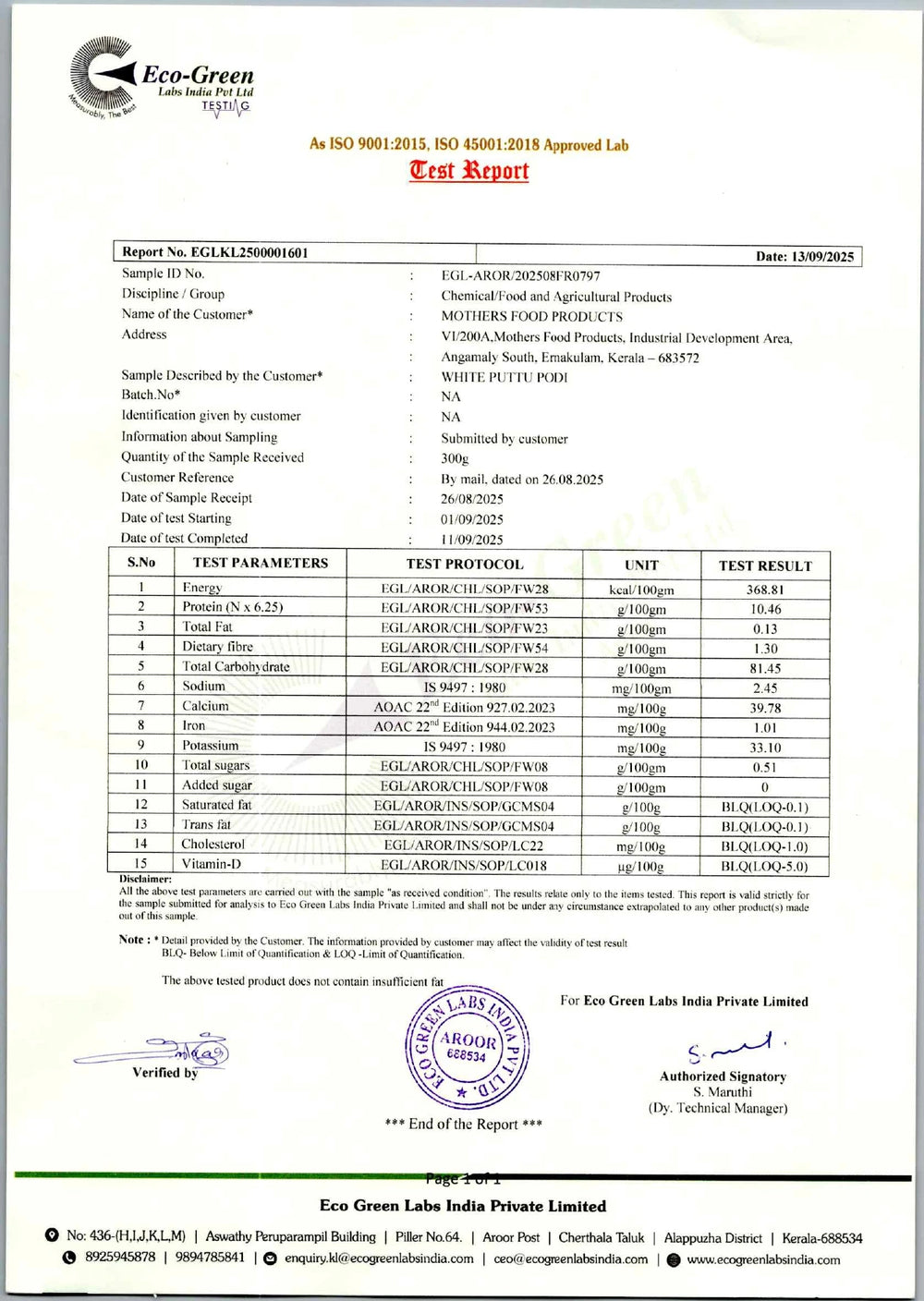Eco-Green Labs India nutrition analysis of Mother’s White Puttu Podi