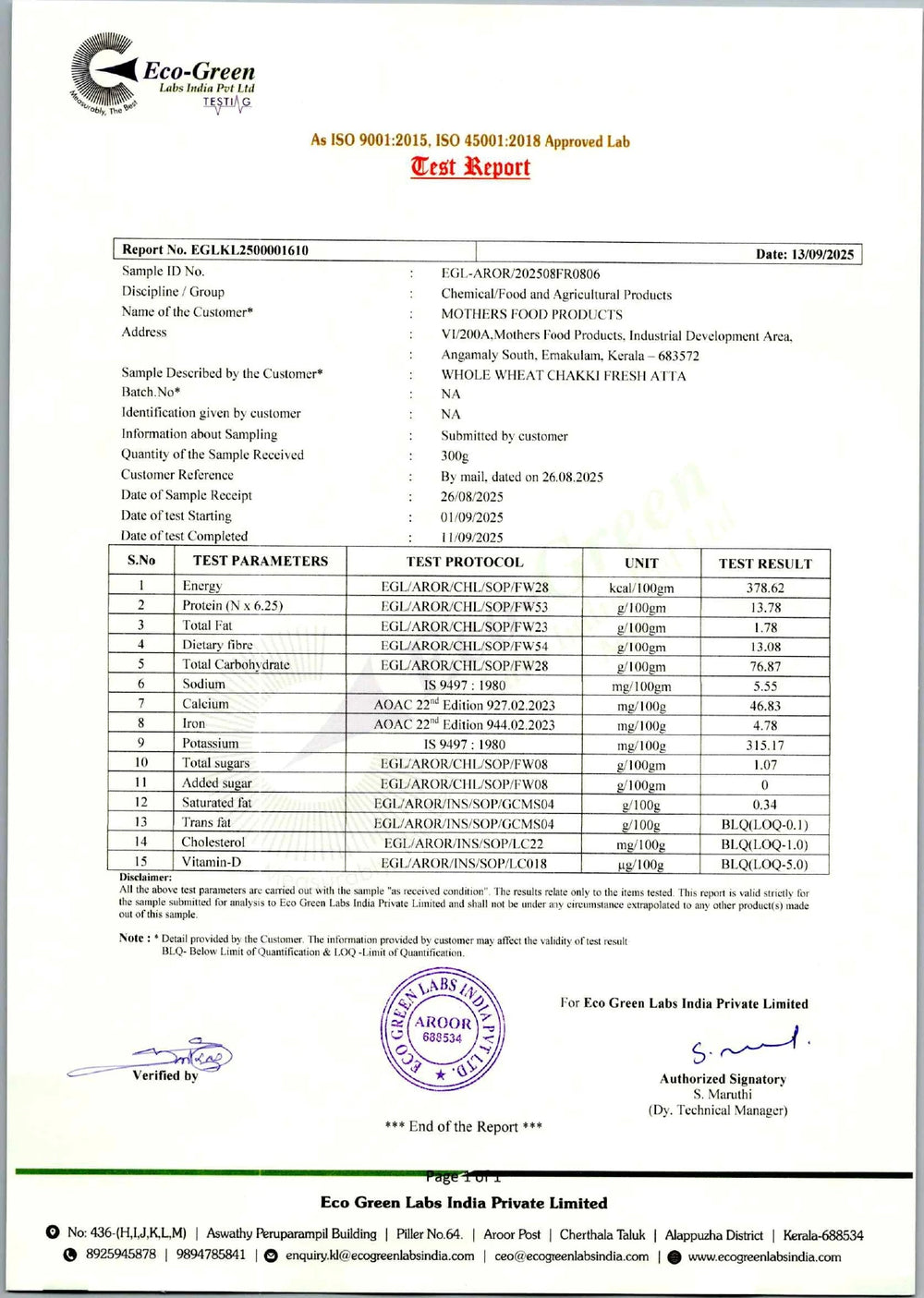 Eco-Green Labs test report for Mother’s Whole Wheat Chakki Fresh Atta showing 378.62 kcal energy, 13.78 g protein, and 1.78 g total fat per 100 g.