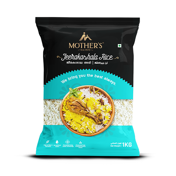 Mother’s Jeerakashala Kaima Rice in a 1 kg pack, offering naturally aromatic short grains that cook soft and fluffy for regular home cooking