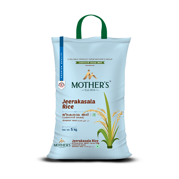 Mother’s Jeerakashala Kaima Rice packed in a 5 kg bag, featuring aromatic short-grain rice known for soft, fluffy cooking and everyday Kerala meals.