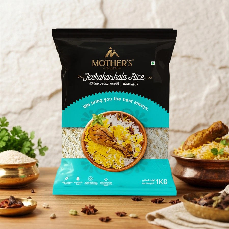 Mother’s Jeerakasala Rice 1 kg pack, a traditional Kerala short-grain rice ideal for biryani, ghee rice and festive meals.