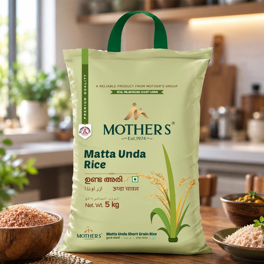 Mother’s Matta Unda Rice 5 kg pack with short-grain Kerala Matta rice, suitable for traditional everyday Kerala meals.