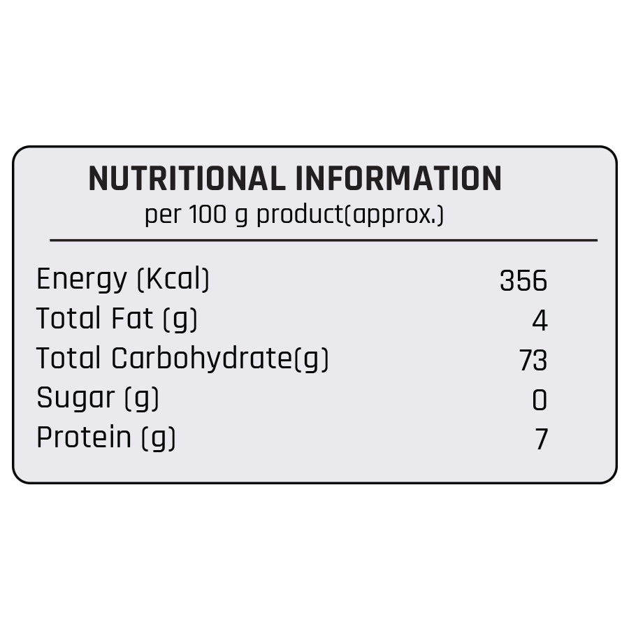 Mother’s Turmeric Powder nutritional values per 100g showing energy, carbohydrates, protein, fat, and related details.