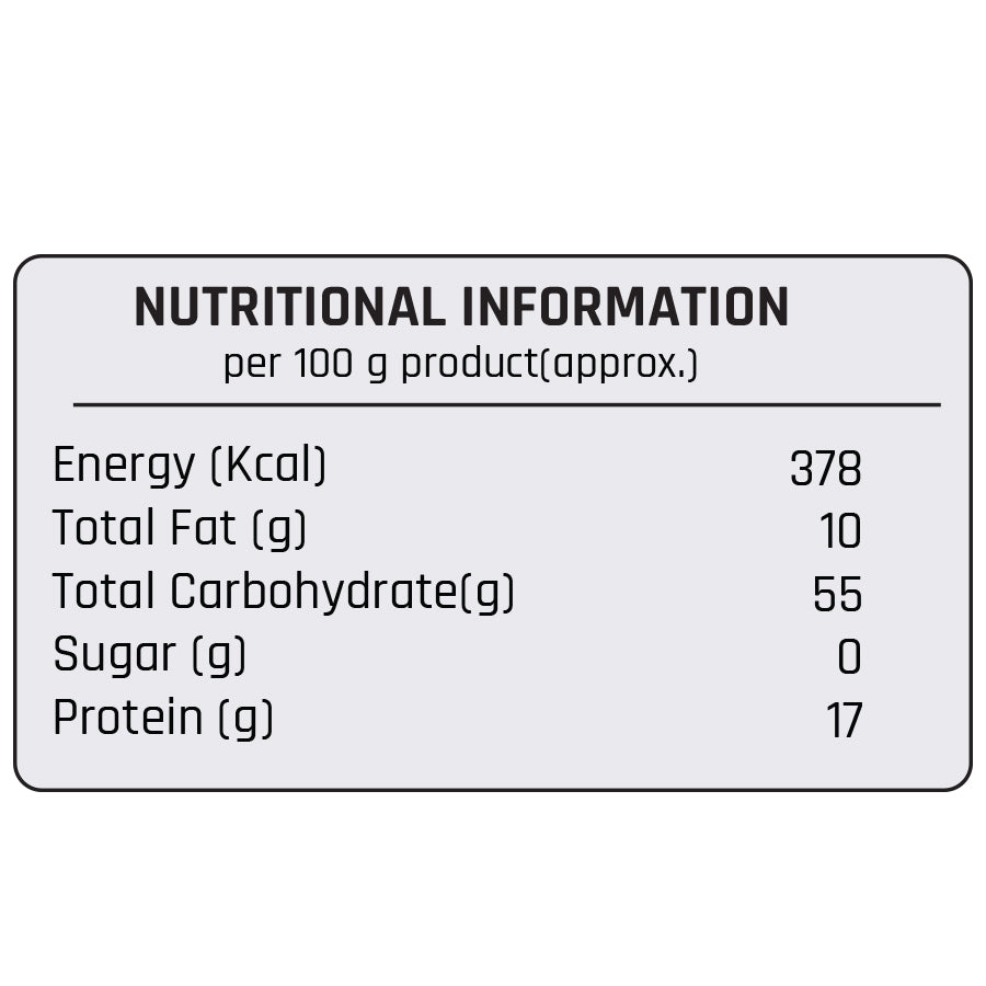 Nutritional information per 100g of Mother’s Red Chilli Powder outlining energy, carbohydrates, protein, fat, and sugar values.