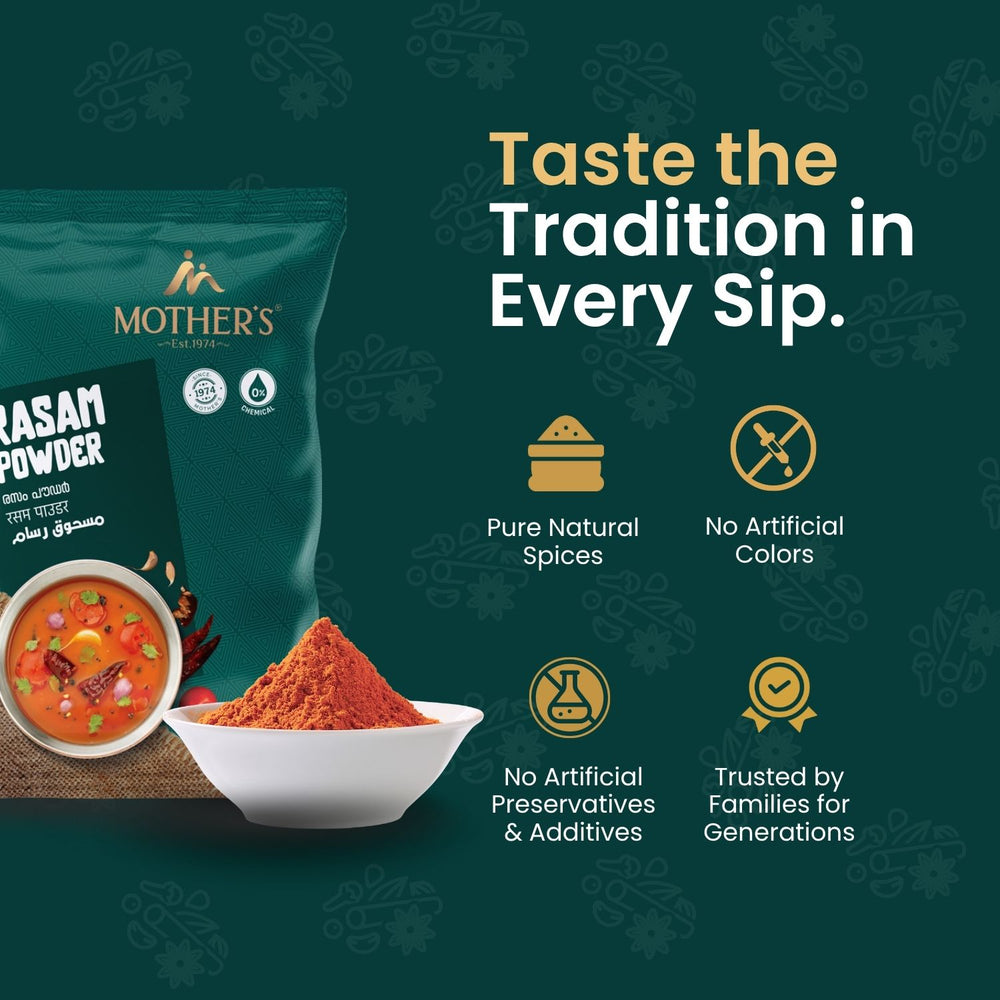 Mother’s Rasam Powder addresses concerns about additives by using pure natural spices with no artificial colours or preservatives.