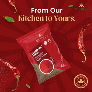 Mother’s Kashmiri Chilli Powder pack presented with whole red chillies and natural ingredients badge, reinforcing purity and authenticity.