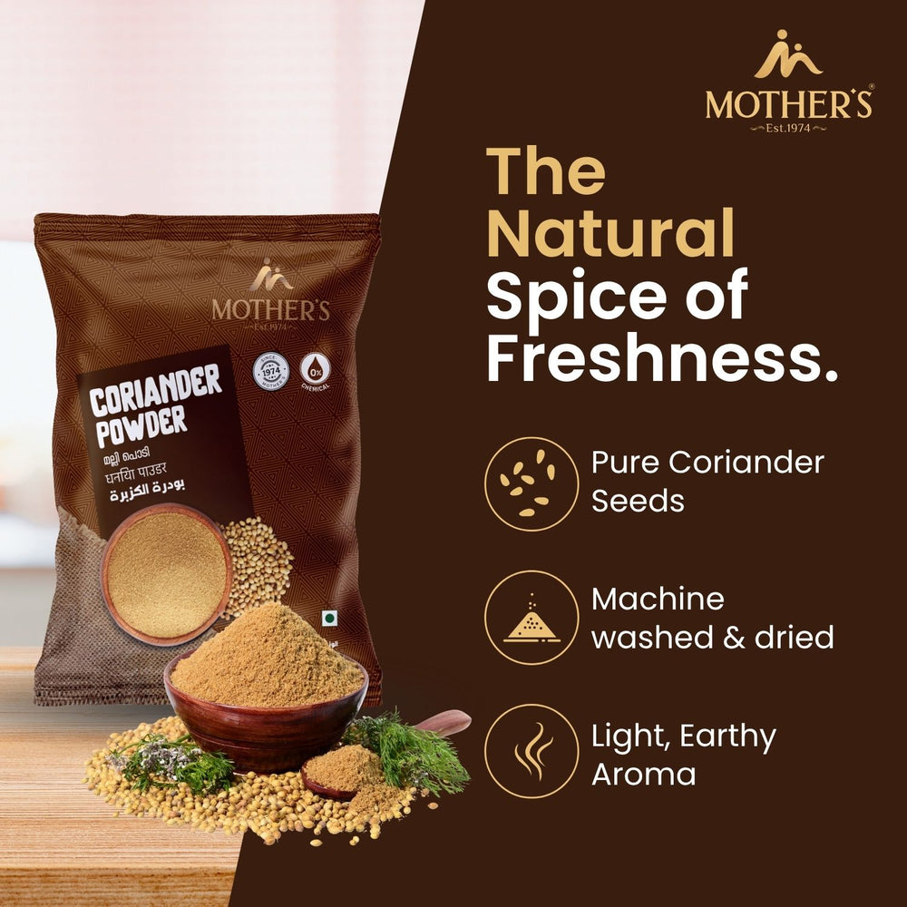Stale spices can overpower dishes; Mother’s Coriander Powder delivers a light, earthy aroma from carefully processed coriander seeds.