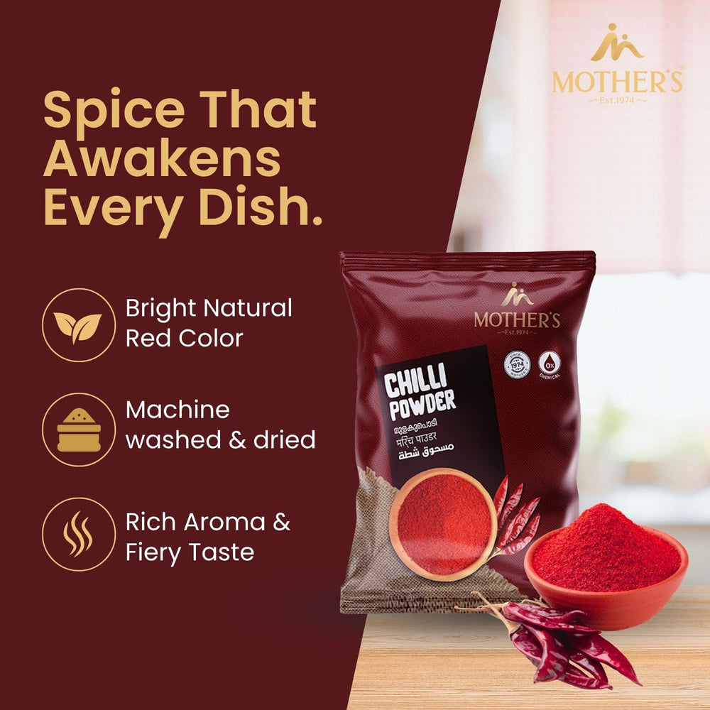 Mother’s Mirch Powder delivers bright natural red color, strong aroma, and balanced fiery taste that enhances traditional recipes.