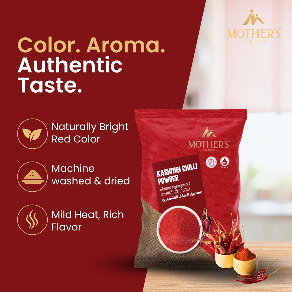 Mother’s Kashmiri Chilli Powder highlighting its naturally bright red hue, mild heat profile, and consistent quality families rely on.