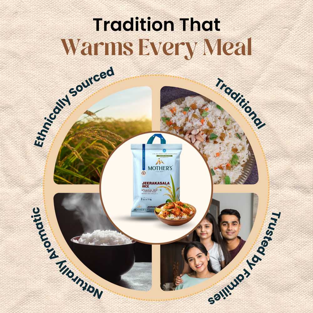 Mother’s Jeerakashala Kaima Rice representing traditional rice cultivation and time-tested preparation methods.