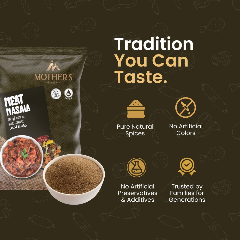 Traditional meat curry flavour often varies; Mother’s Meat Masala includes pure spices that ensure a familiar taste.