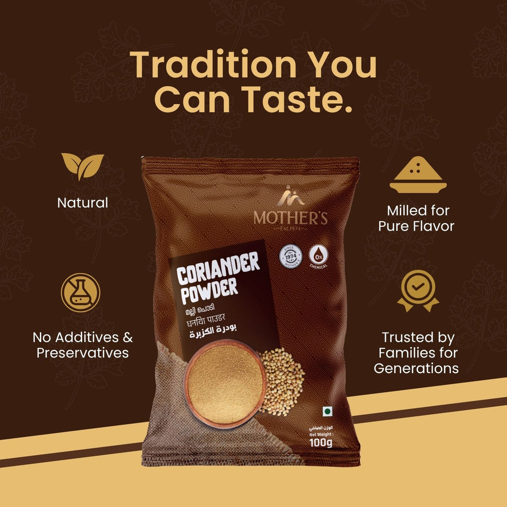 Packaged spices often lack authenticity; Mother’s Coriander Powder is milled for pure flavour trusted by families across generations.