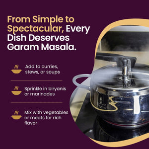 Mother’s Garam Masala solves bland cooking by enhancing curries, stews, soups, biryanis, and marinades with a rich spice finish.