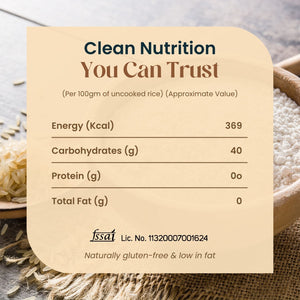 Nutritional information per 100g of Mother’s White Puttu Podi detailing energy 369 kcal, carbohydrates 40g, protein 0g, total fat 0g, along with FSSAI license certification and naturally gluten-free, low-fat properties.