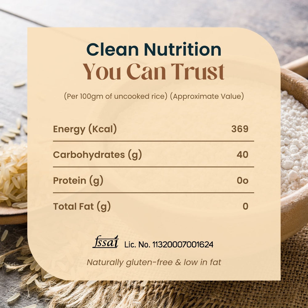 Nutritional information per 100g of Mother’s White Puttu Podi detailing energy 369 kcal, carbohydrates 40g, protein 0g, total fat 0g, along with FSSAI license certification and naturally gluten-free, low-fat properties.