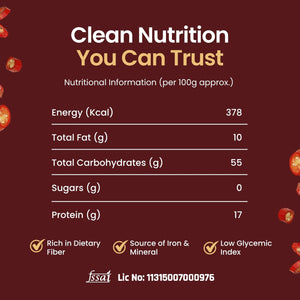 Nutritional information per 100g of Mother’s Red Chilli Powder outlining energy, carbohydrates, protein, fat, and sugar values.