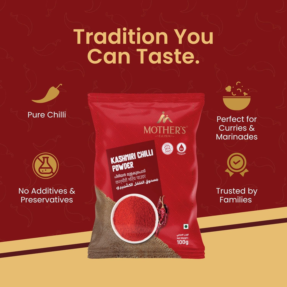 Mother’s Kashmiri Chilli Powder made from carefully selected chillies, machine washed and hygienically processed with no added preservatives.