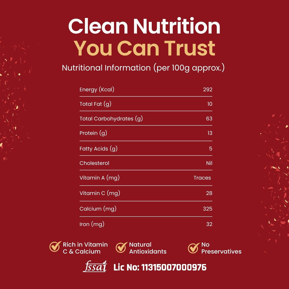 Nutritional information per 100g of Mother’s Kashmiri Chilli Powder outlining energy, protein, calcium, iron, and vitamin C values.