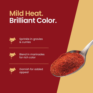 Mother’s Kashmiri Chilli Powder sprinkled into gravies and marinades, delivering balanced heat and brilliant color without overpowering flavor.