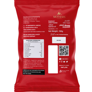 Back of Mother’s Kashmiri Chilli Powder 100g pack detailing certified manufacturing standards, FSSAI license, and complete product information for assured quality.
