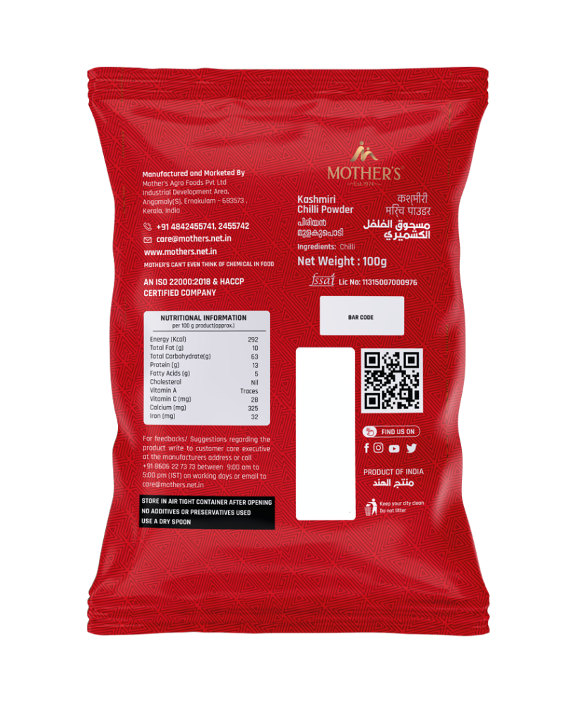 Back of Mother’s Kashmiri Chilli Powder 100g pack detailing certified manufacturing standards, FSSAI license, and complete product information for assured quality.