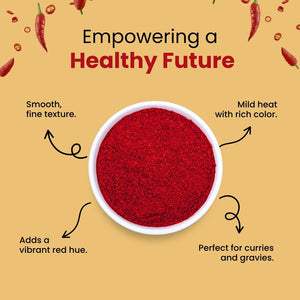 Mother’s Kashmiri Chilli Powder highlighting its naturally bright red hue, mild heat profile, and consistent quality families rely on.
