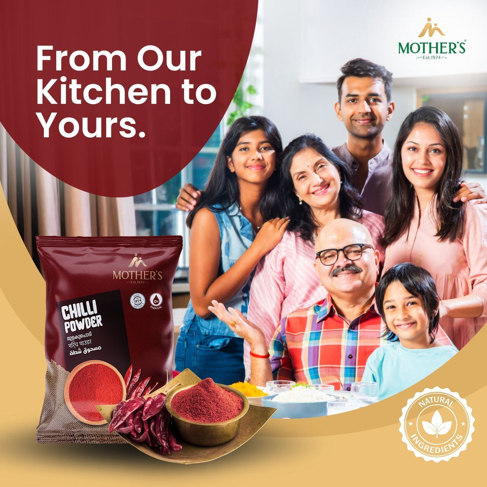 Mother’s Red Chilli Powder placed in a family meal setting, reflecting its everyday use in home-style cooking.