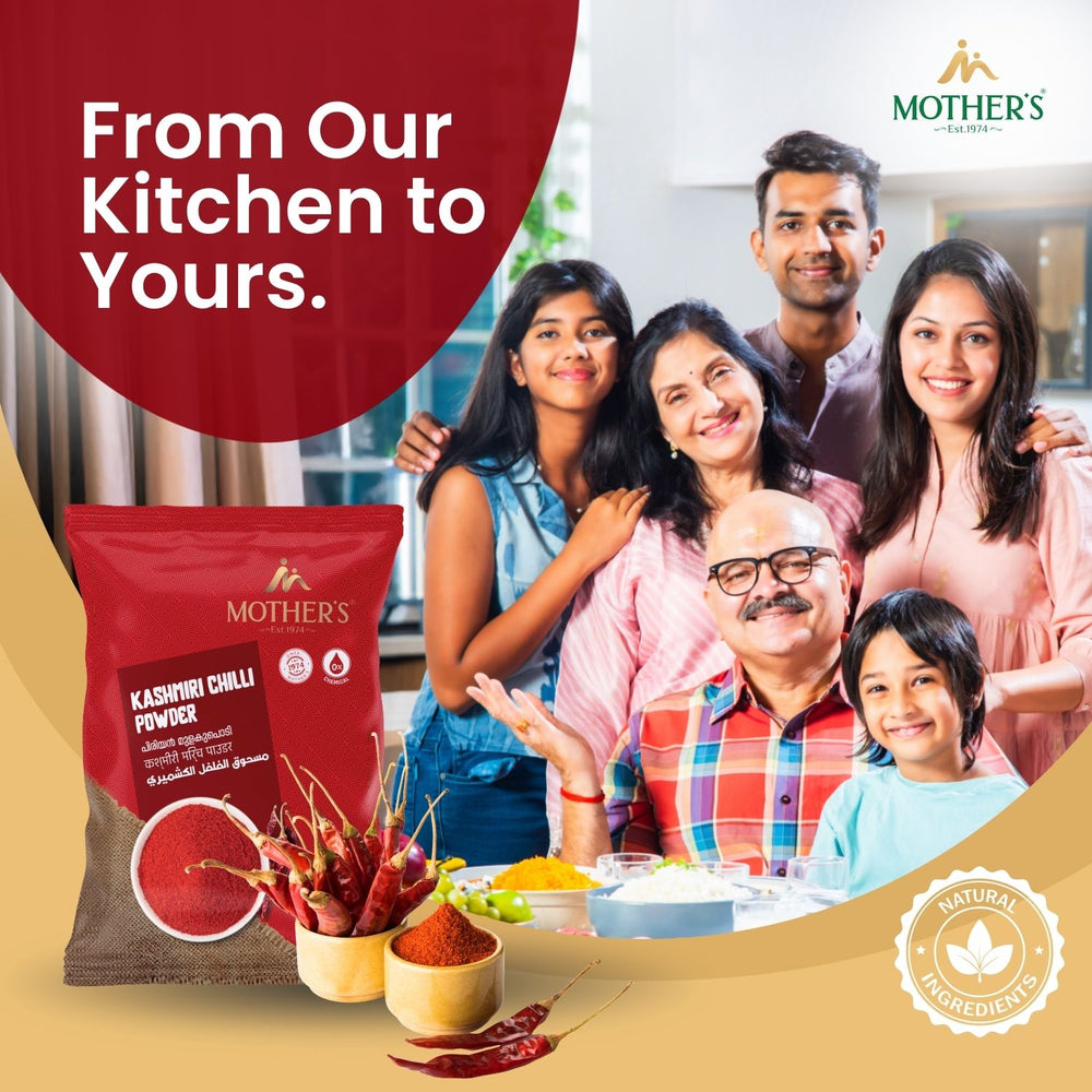 Mother’s Kashmiri Chilli Powder pack presented with whole red chillies and natural ingredients badge, reinforcing purity and authenticity.
