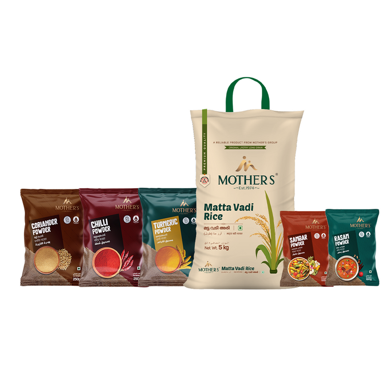 Mother’s Kerala Sadhya Pack presented as a veggie meal essentials pack that includes rice and spice powders for regular home cooking.
