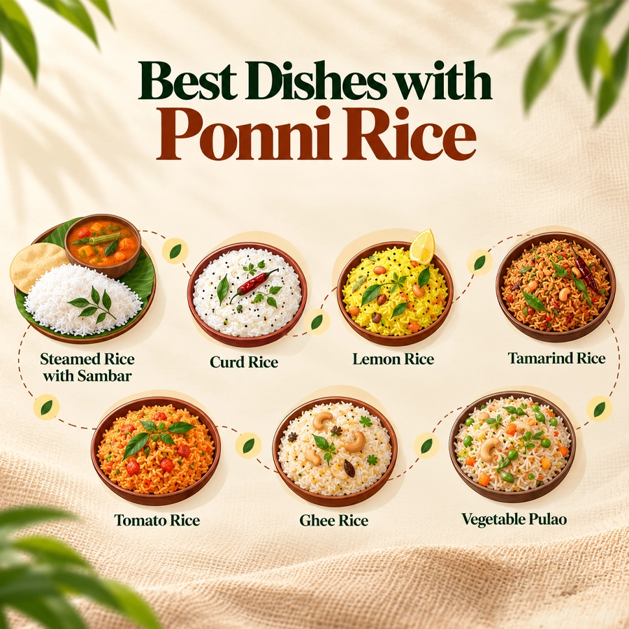 Mother’s Thanjavur Ponni Rice served in popular South Indian dishes including sambar rice, curd rice, lemon rice, tamarind rice, tomato rice, ghee rice and vegetable pulao.