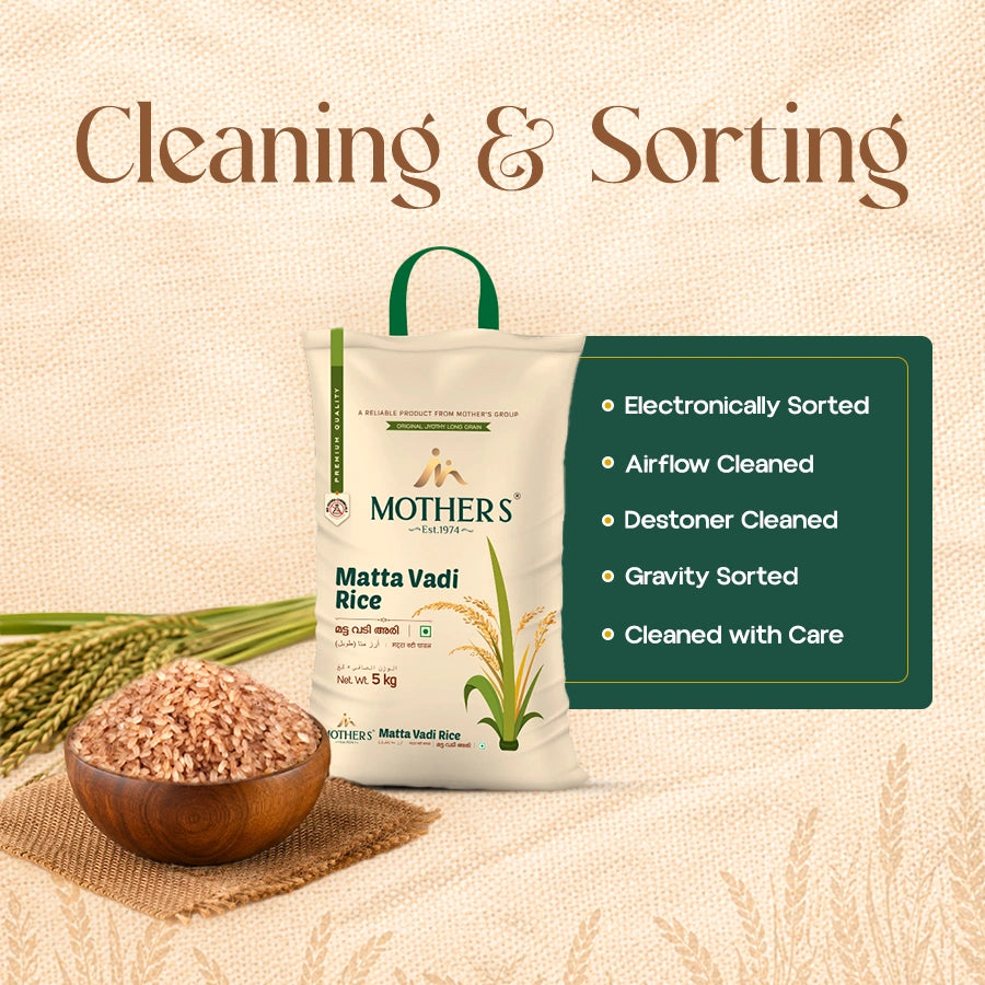 Mother’s Matta Vadi Rice cleaned through electronic sorting, airflow cleaning, destoning and gravity sorting