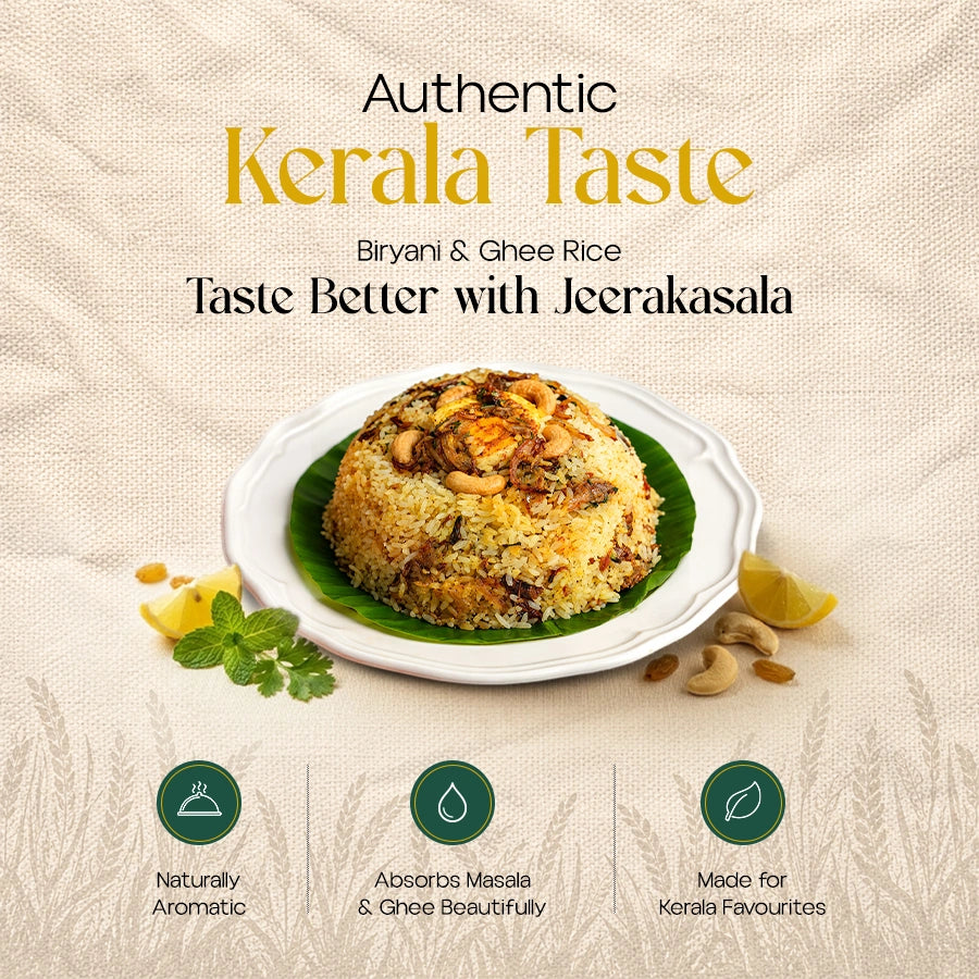 Mother’s Jeerakasala Rice served as Kerala biryani, naturally aromatic and made to absorb masala and ghee beautifully.
