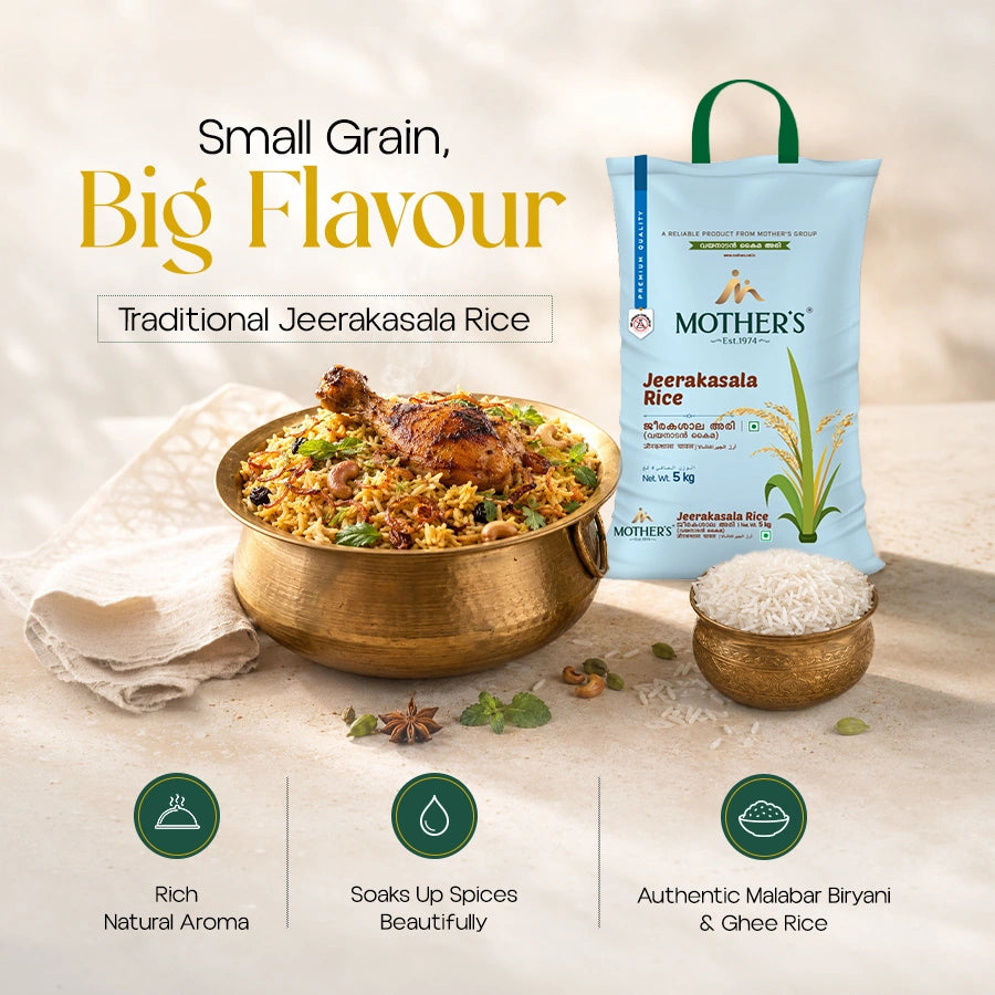 Mother’s Jeerakasala Rice with small aromatic grains, rich natural aroma and excellent spice absorption for authentic Malabar biryani and ghee rice.