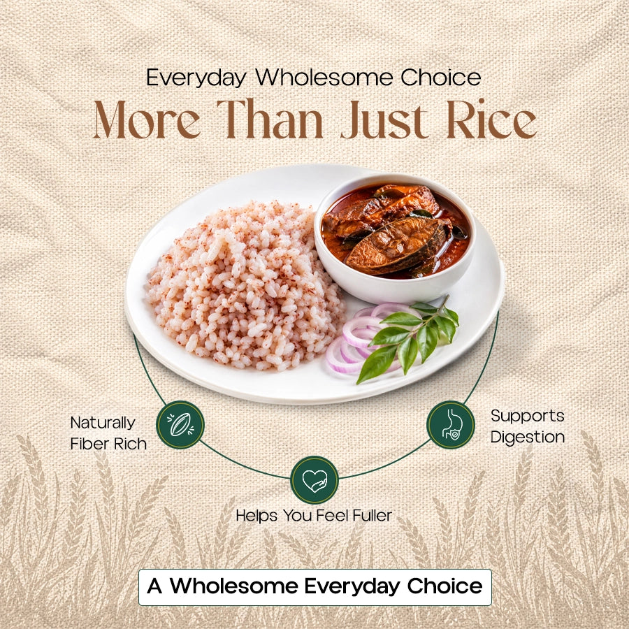 Mother’s Matta Unda Rice served with fish curry, naturally rich in fibre, supports digestion and helps you feel fuller longer compared with heavily polished rice