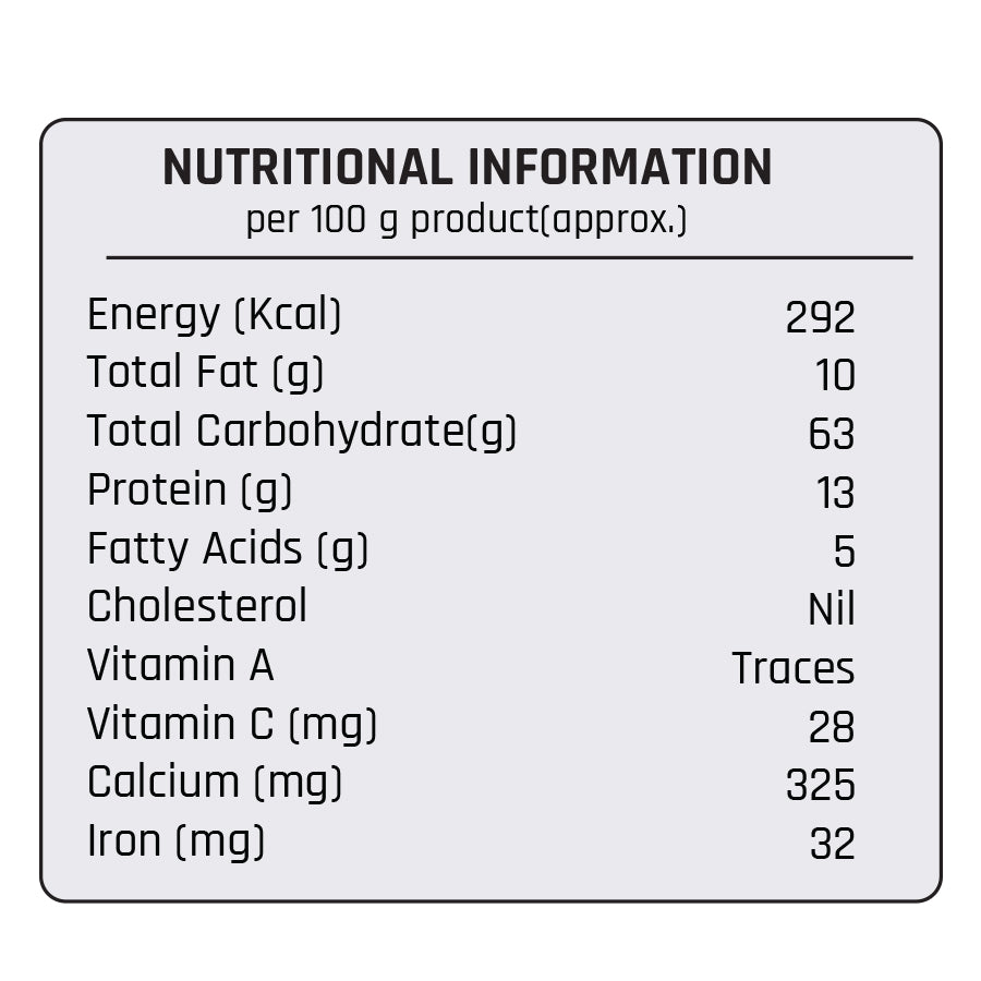 Nutritional information per 100g of Mother’s Kashmiri Chilli Powder outlining energy, protein, calcium, iron, and vitamin C values.