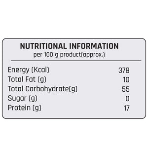 Nutritional information per 100g of Mother’s Red Chilli Powder outlining energy, carbohydrates, protein, fat, and sugar values.